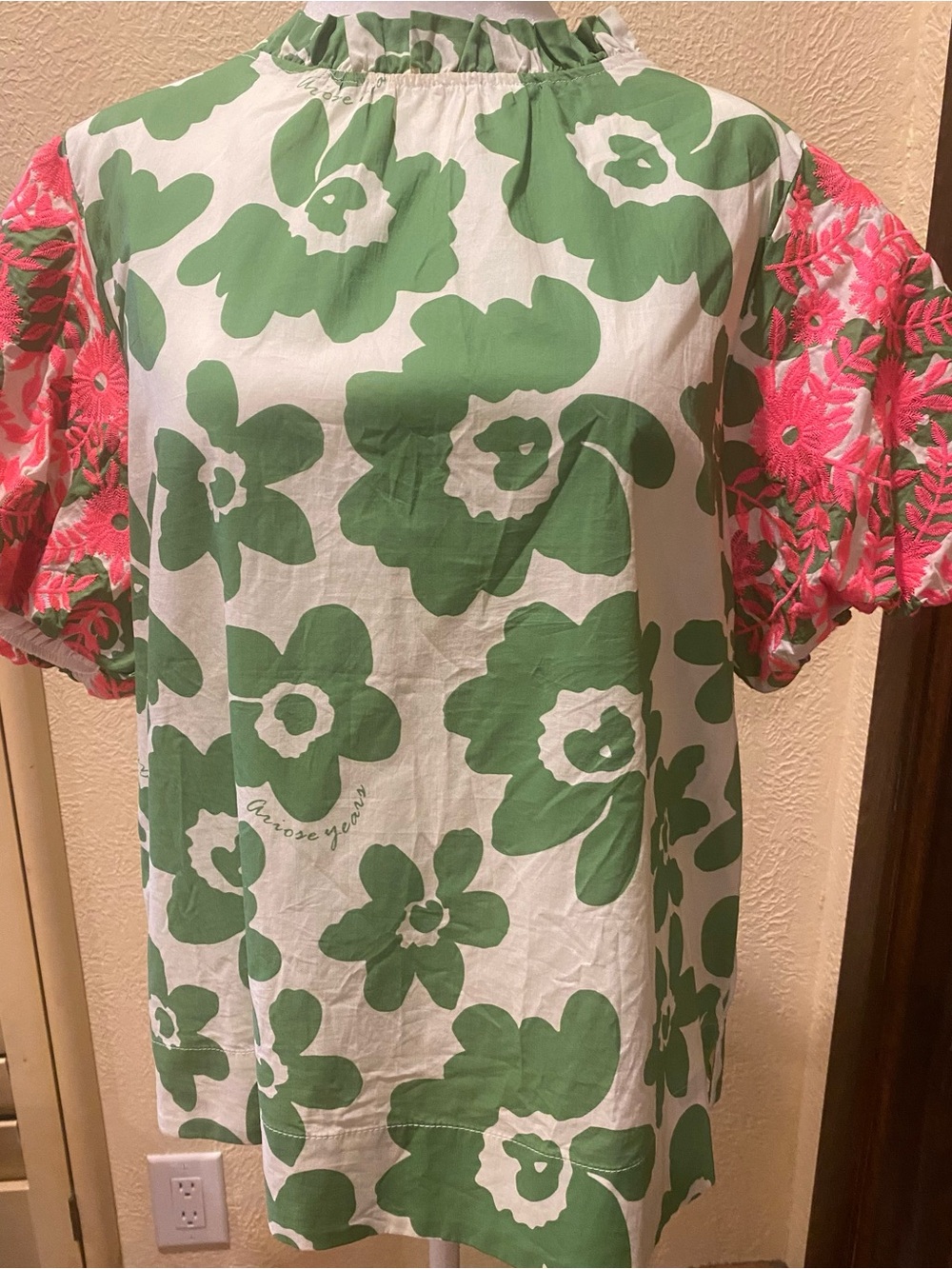 JODIFL White Tunic with Green Floral Print and Pink Embroidered Puff Sleeves